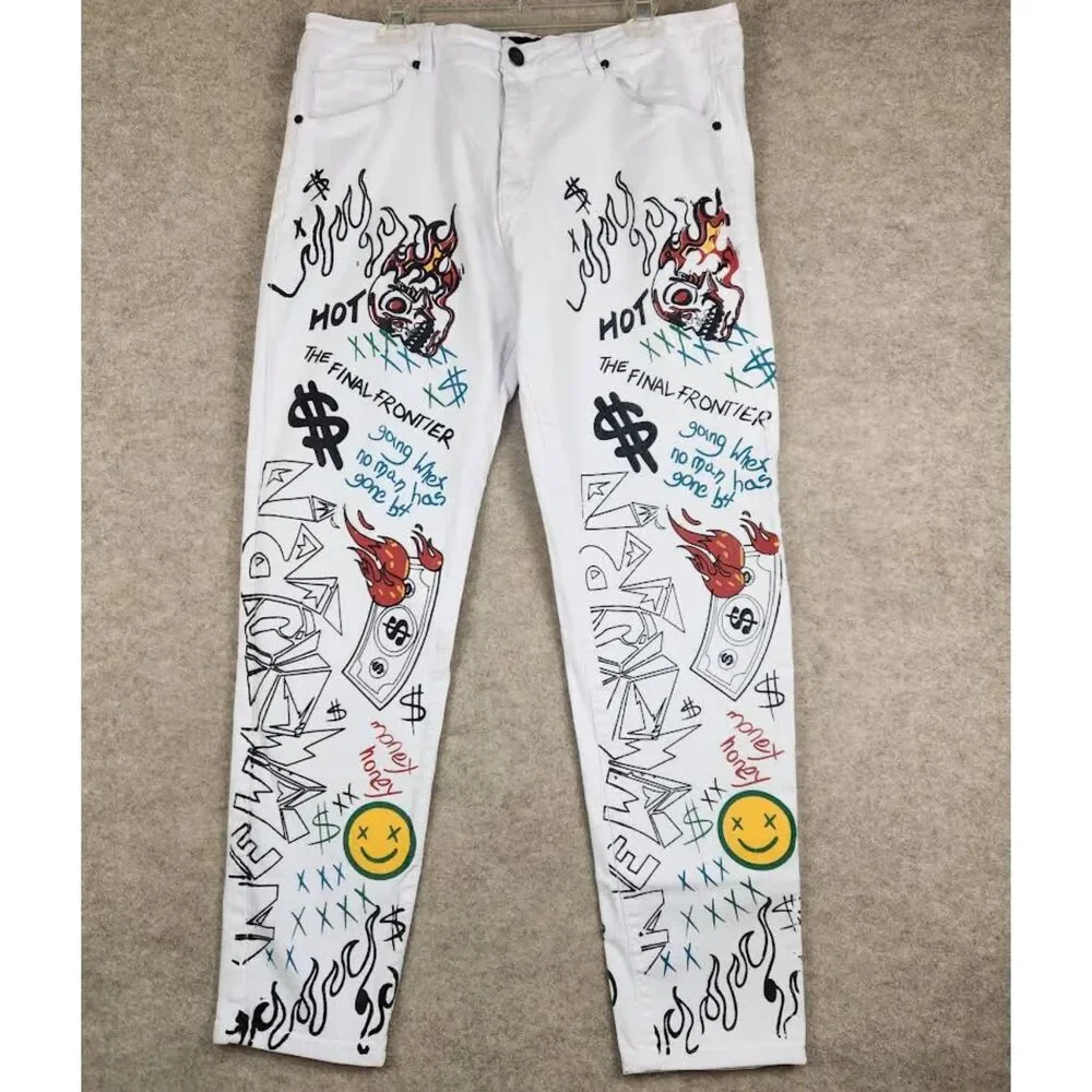 Waimea Graffiti Art Slim Fit Jeans Men's 40/32 White Stretch Denim Y2K Hip Hop